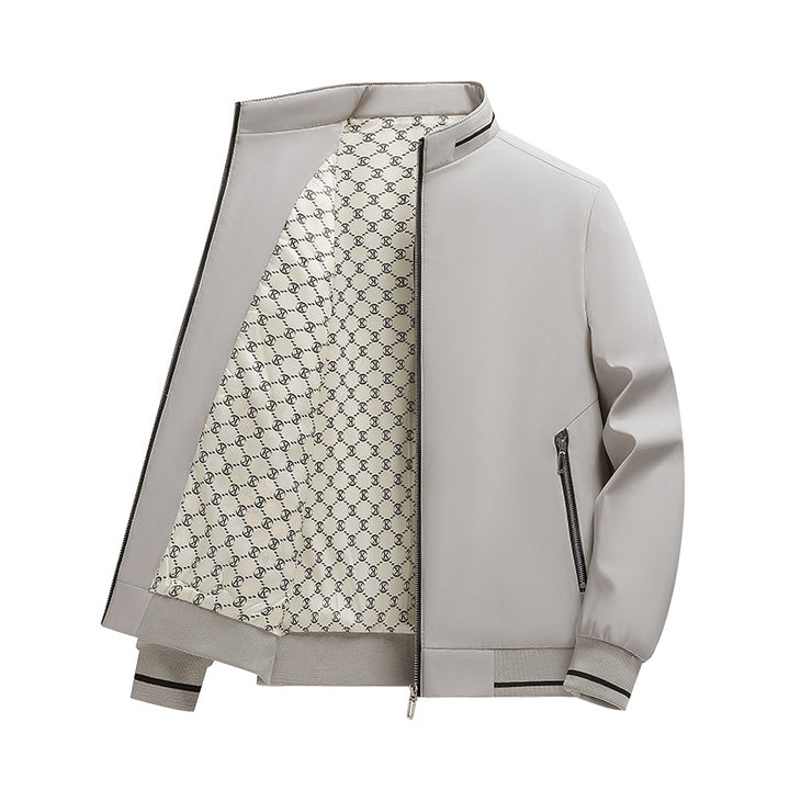 Men's Lightweight Bomber Jacket with Stand Collar, Zipper & Patterned Satin Lining Mune Fashion