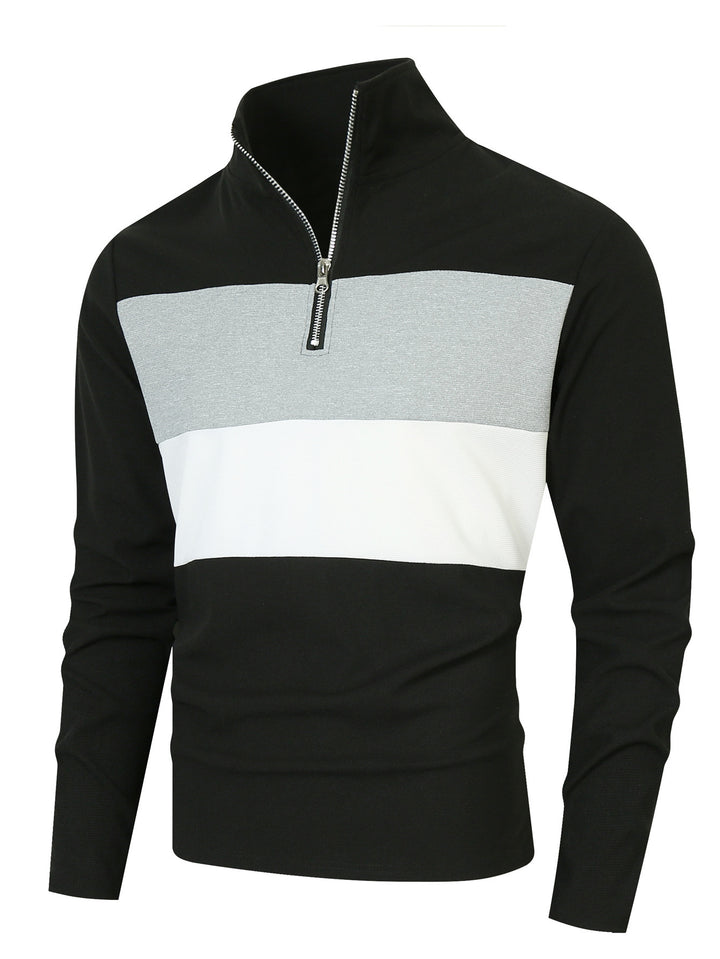Men's half-zip pullover with stand-up collar, wide block stripe, and finely ribbed texture Mune Fashion