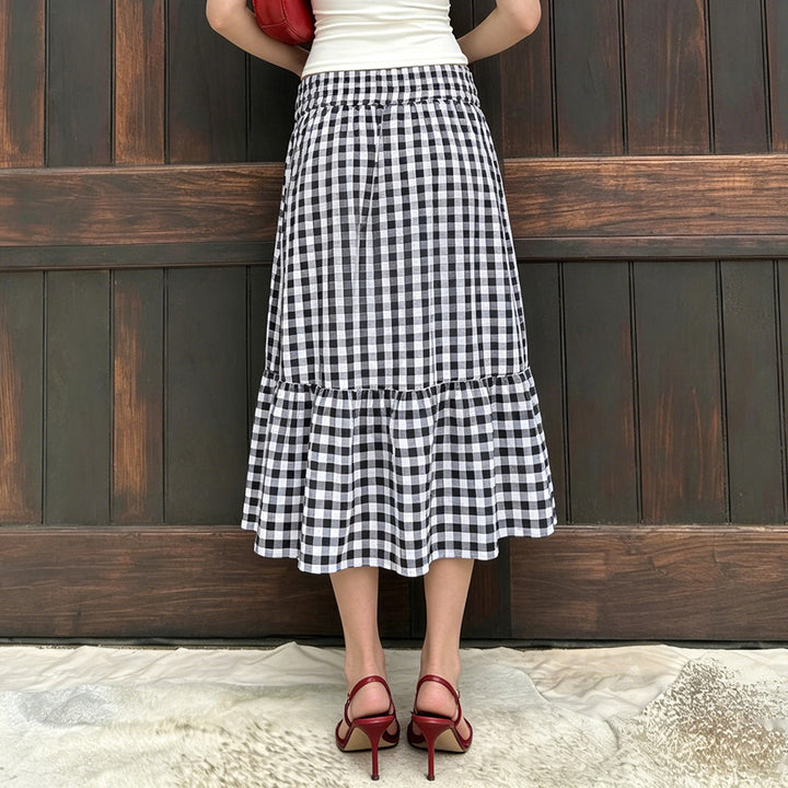 Women's Checked Midi Skirt with High Waist Tie and Tiered Ruffle Mune Fashion