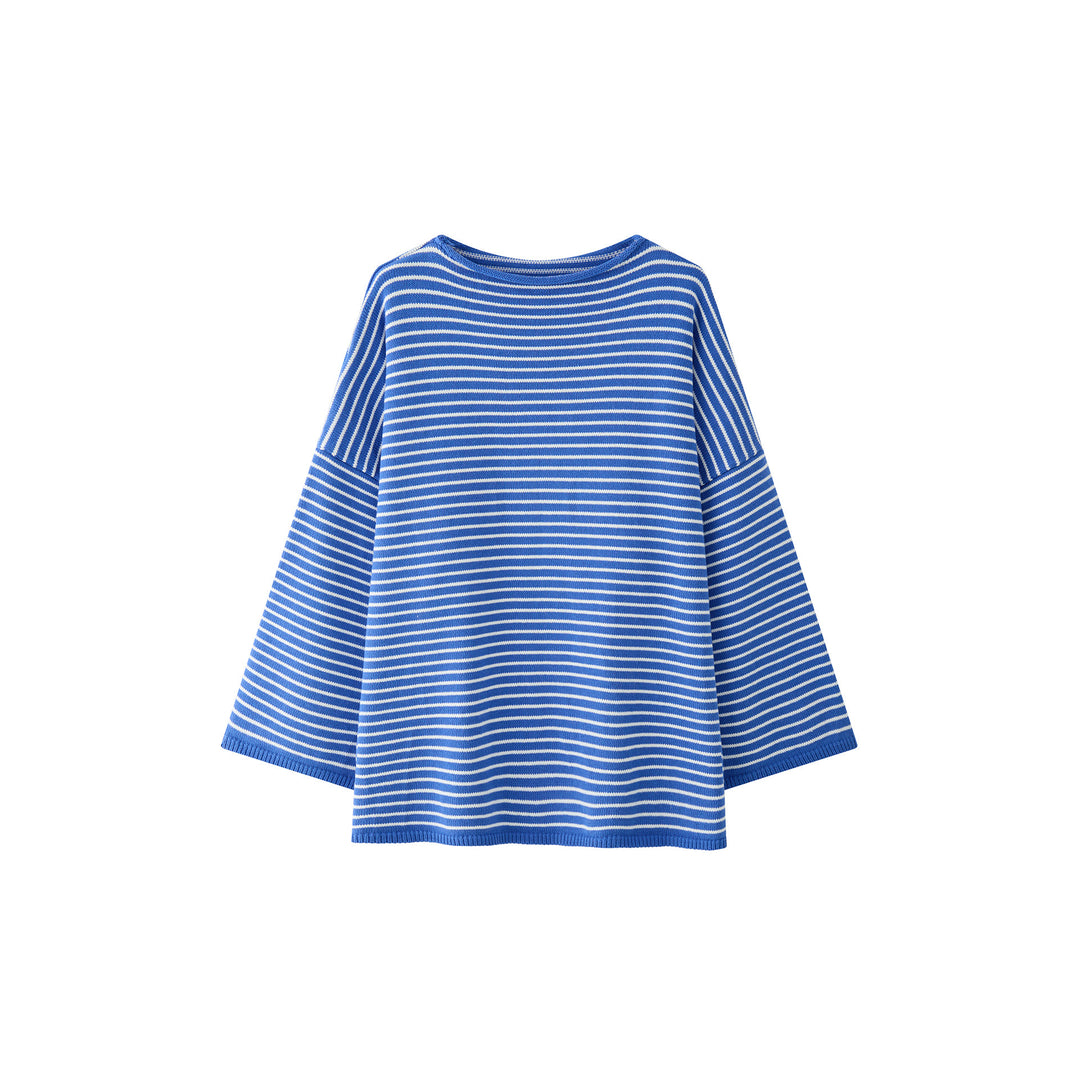 Women's Striped Oversize Knit Sweater with Short Stand-Up Collar Mune Fashion