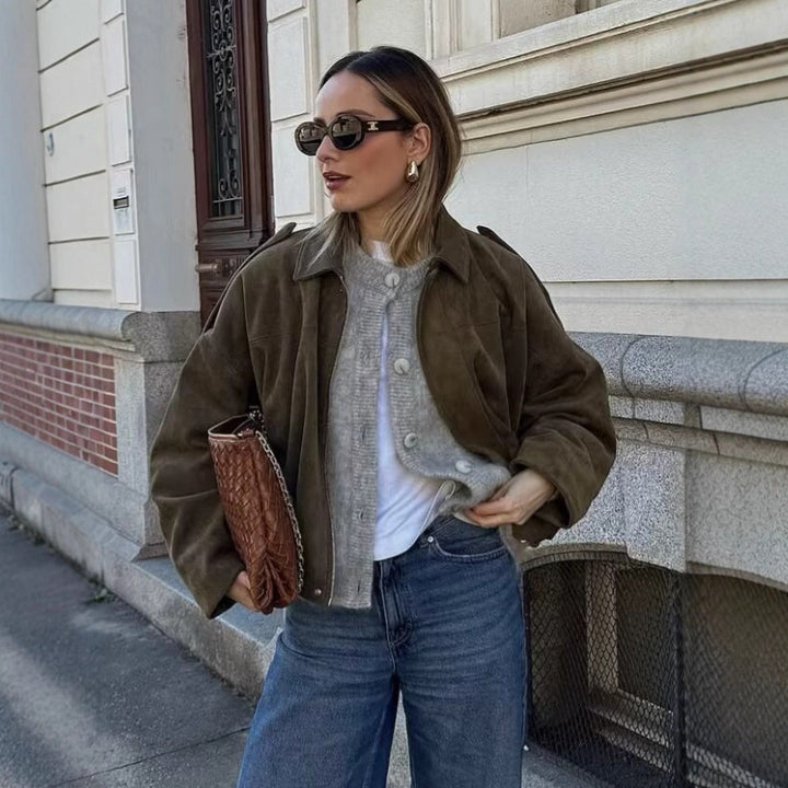 Women's Short Boxy Jacket in Oversized Suede Look with Balloon Hem Mune Fashion