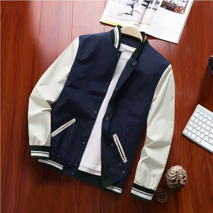 Men's varsity bomber jacket in retro college style with contrast sleeves and striped ribbed cuffs Mune Fashion