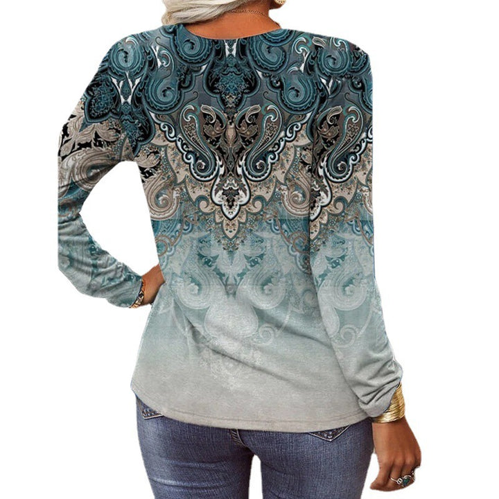 Women Loose Long Sleeve Henley Shirt with V-Neck, Button Placket and Ombre Print Mune Fashion