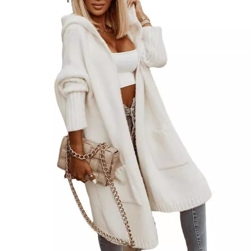 Women's Long Hooded Cardigan in Cape Style with Cable Knit and Back Inscription Mune Fashion