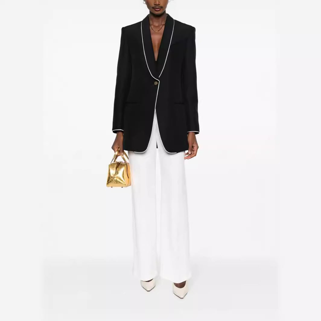 Women Oversize Blazer in Tuxedo Style with Contrasting Piping and Single Button Front Mune Fashion