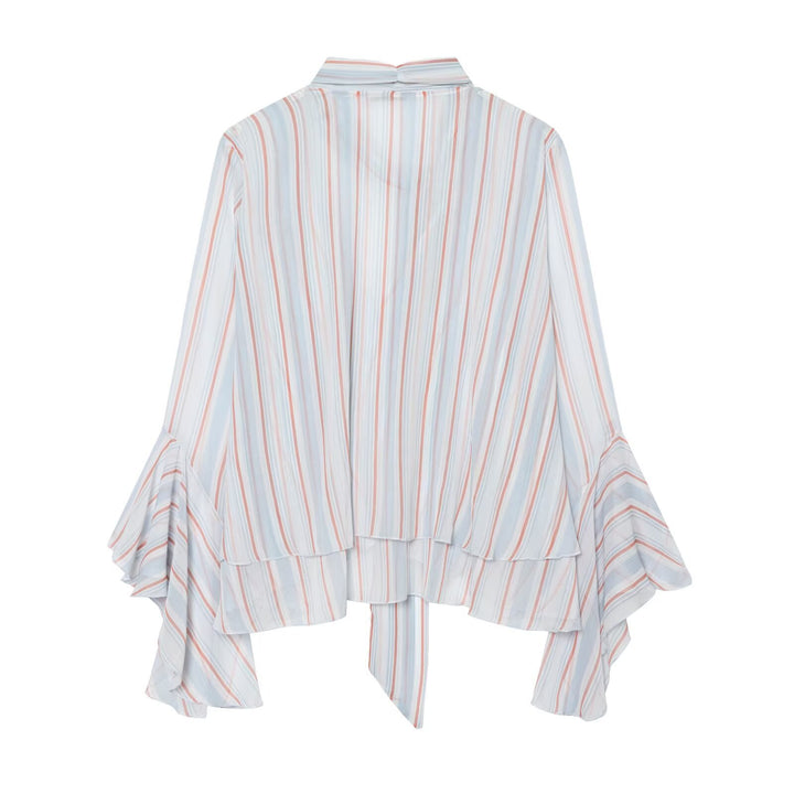 Women's Lightweight Chiffon Blouse with Bow, Ruffle Hem and Flared Bell Sleeves Mune Fashion