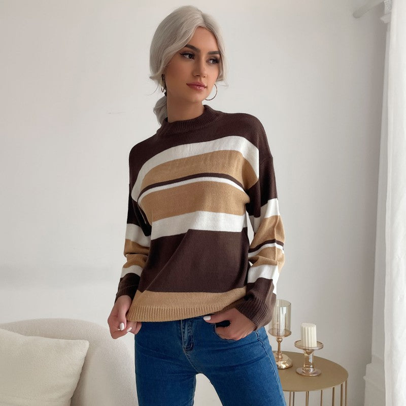 Women's Long Sleeve Striped Fine Knit Sweater with Short Stand-Up Collar and Casual Silhouette Mune Fashion