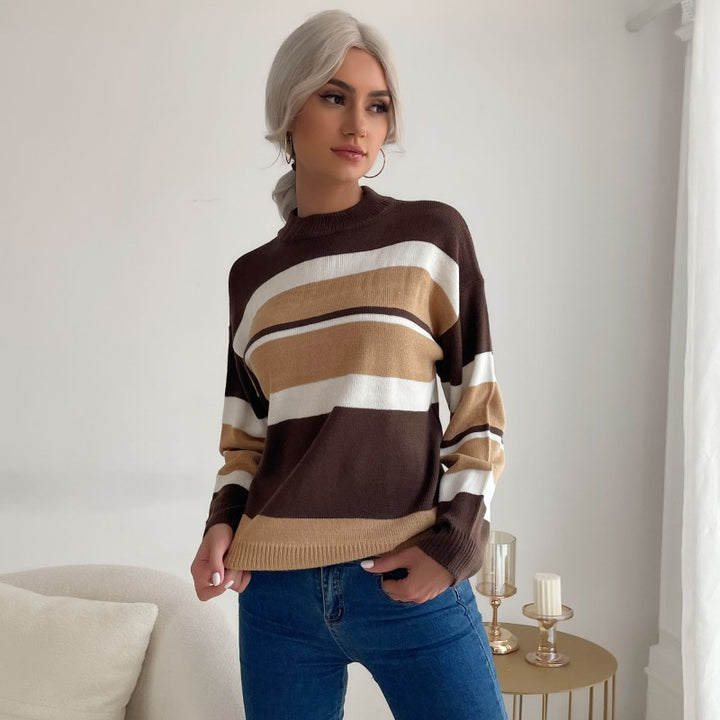 Women's Long Sleeve Striped Fine Knit Sweater with Short Stand-Up Collar and Casual Silhouette Mune Fashion