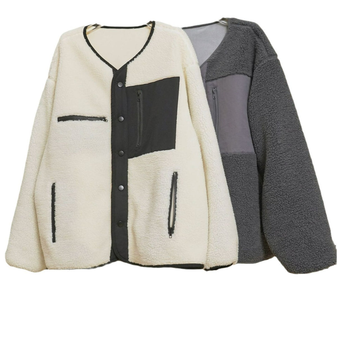 Women's Padded Teddy Fleece Jacket with Contrasting Front Panel and Patch Pockets Mune Fashion