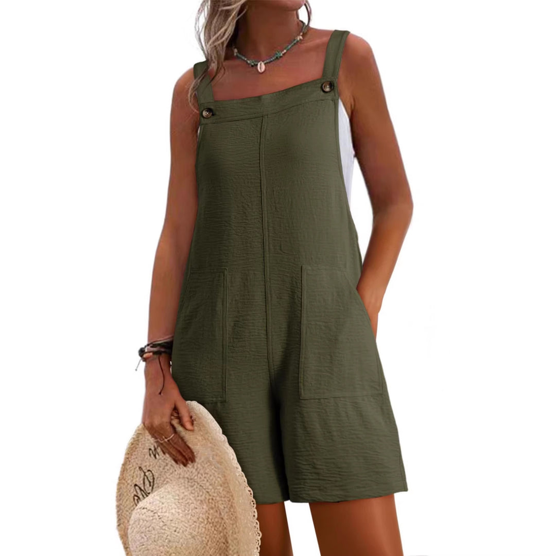 Women Casual Short Overall with Straps, Front Pockets and Linen Look Mune Fashion