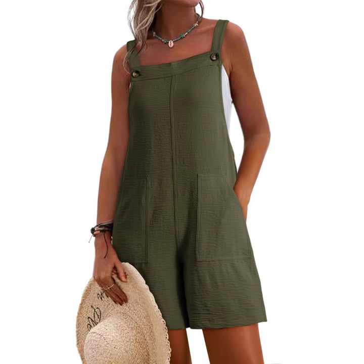 Women Casual Short Overall with Straps, Front Pockets and Linen Look Mune Fashion