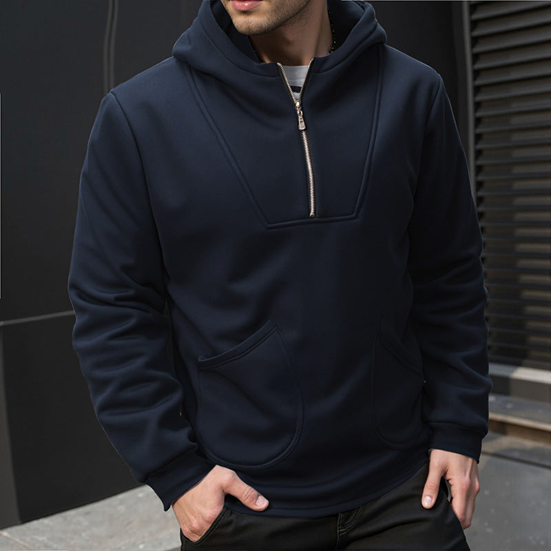 Men's Hooded Half-Zip Pullover with Kangaroo Pocket and Relaxed Fit Mune Fashion