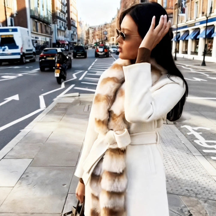 Women's Tailored Wool Blend Coat with Tie Belt and Removable Faux Fur Shawl Collar Mune Fashion