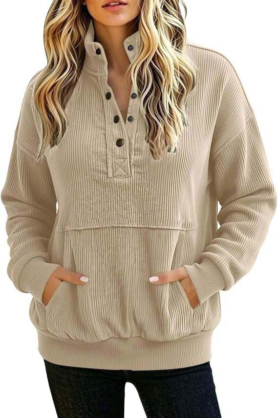 Women's ribbed Henley pullover with stand collar and kangaroo pocket Mune Fashion