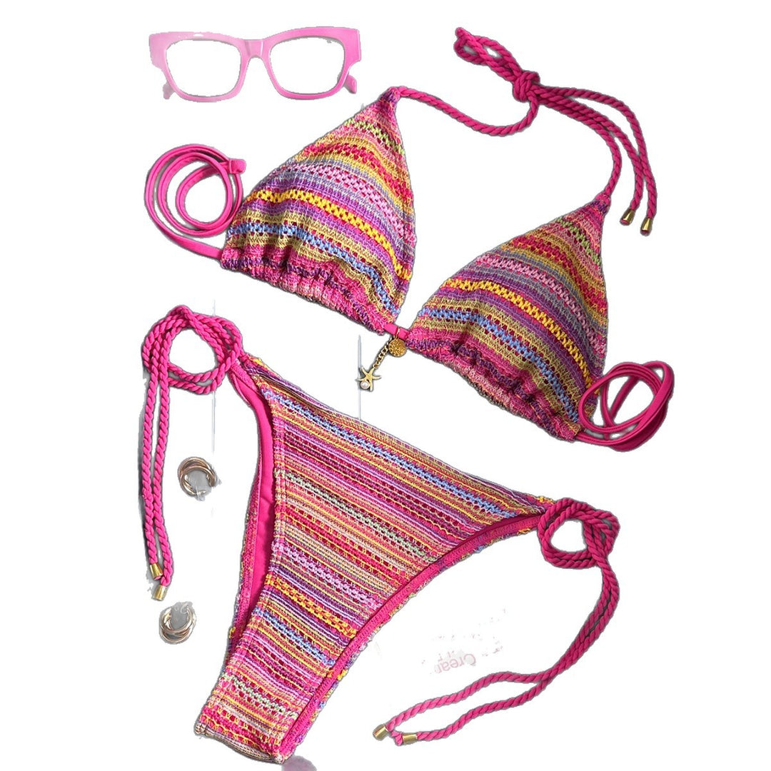 Ladies Braided Triangle Bikini with Colorful Crochet Pattern Mune Fashion