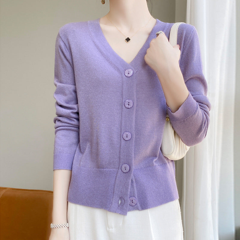 Women Light V-Neck Cardigan with Side Hem Slit and Ribbed Cuff Mune Fashion