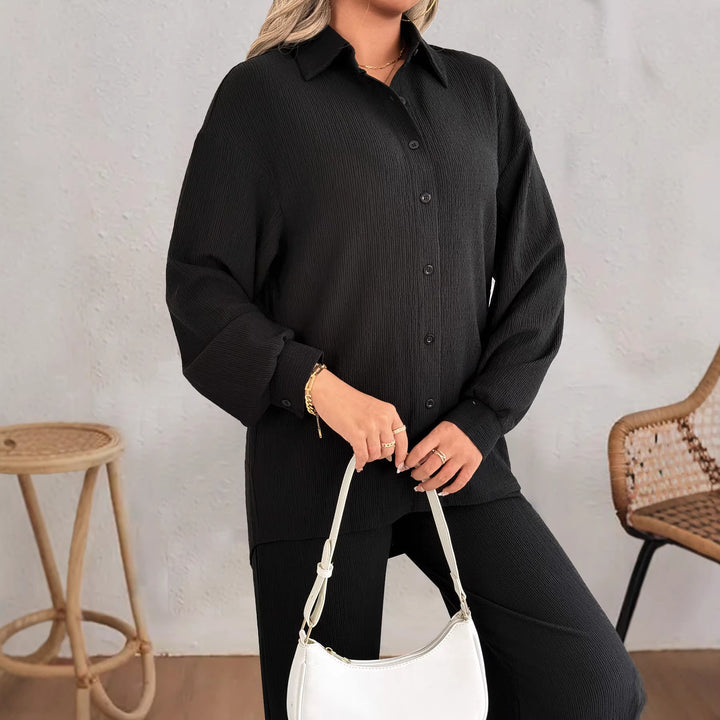 Women's Ribbed Oversized Shirt with Shirt Collar and Balloon Sleeves Drune