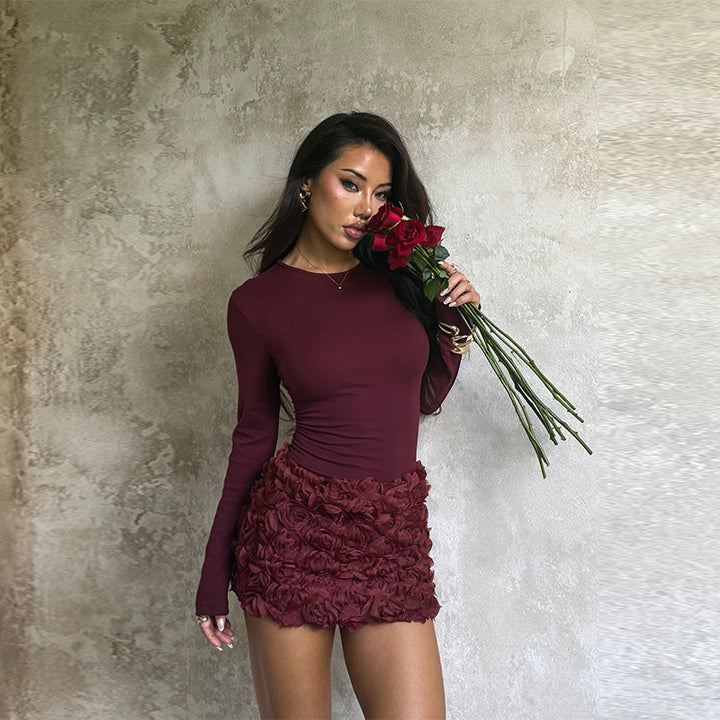 Women fitted long sleeve mini dress with 3D rose appliqué Mune Fashion