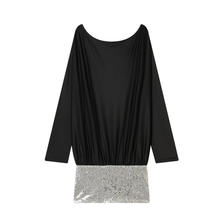 Women Draped Evening Dress with Wide U-Neck, Batwing Sleeves and Sequin Mini Mune Fashion