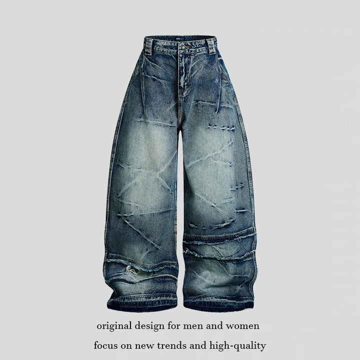 Women wide-cut high-waisted denim culotte pants with used effect and abrasion effects Mune Fashion