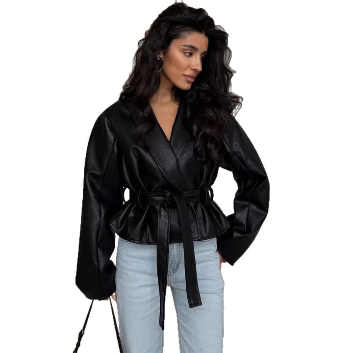 Women's Tailored Faux Leather Jacket with Peplum, Belt & Shawl Collar Mune Fashion