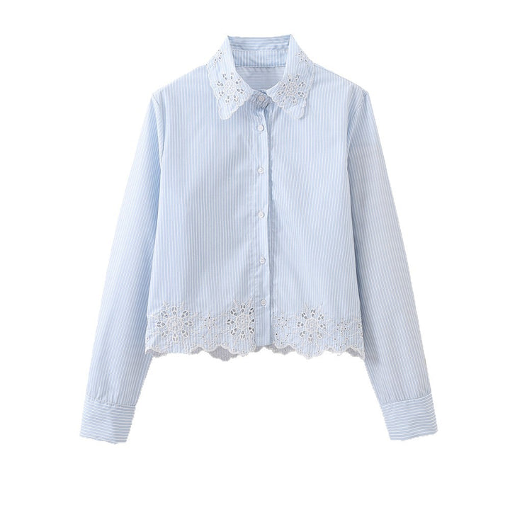 Women's Striped Short Blouse with Lace Collar and Crochet Trim Mune Fashion