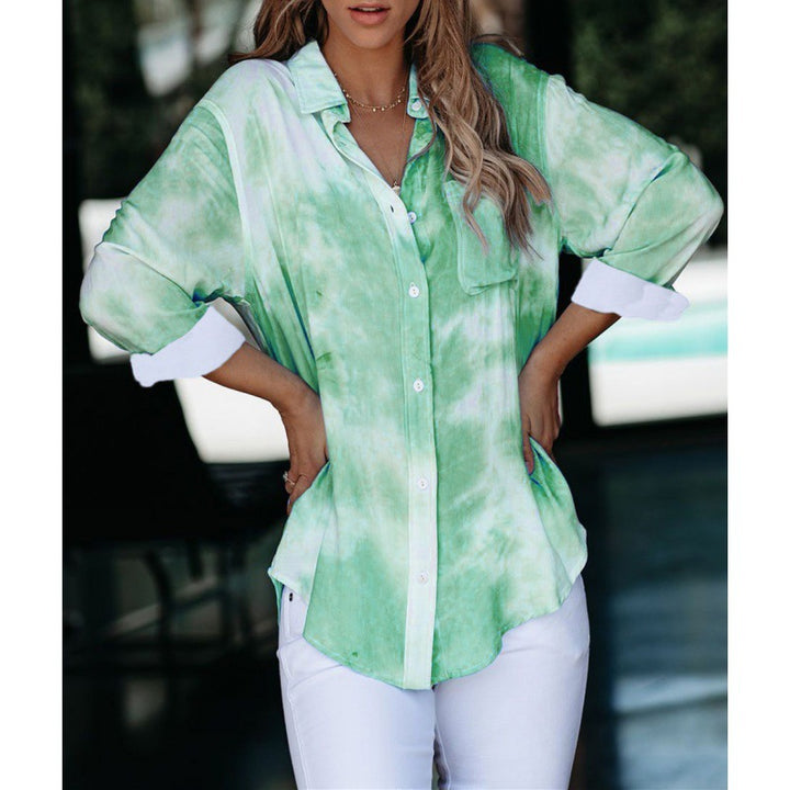 Women's Loose Tie-Dye Button-Up Top with Chest Pocket and Roll-Up Sleeves Mune Fashion