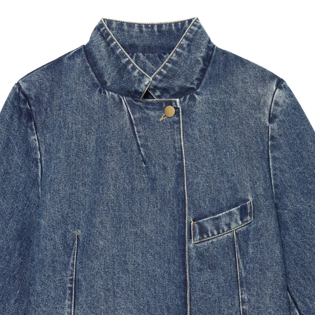 Women's Boxy Cropped Denim Jacket with Stand Collar and Three-Quarter Sleeves Mune Fashion