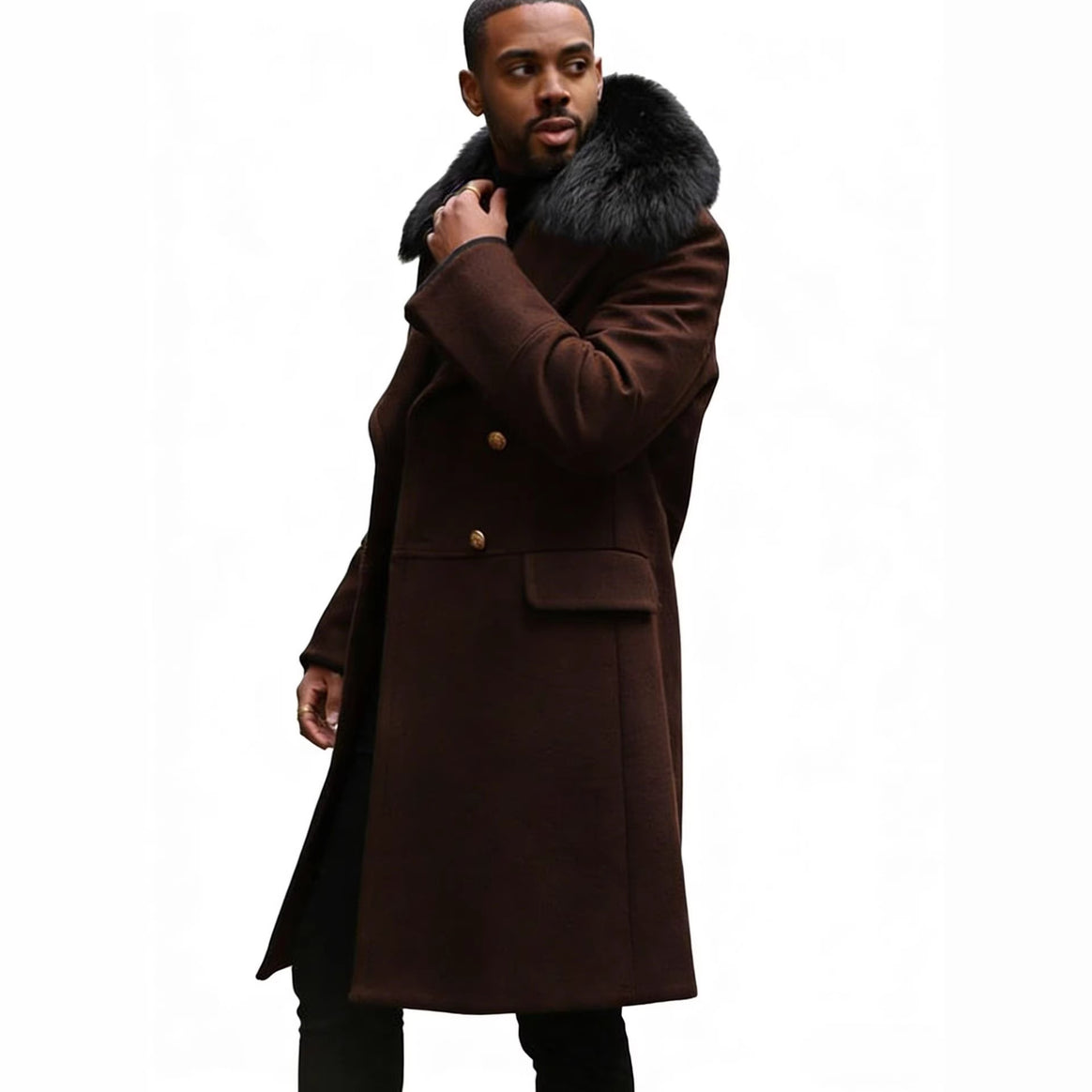 Men's Long Double-Breasted Coat with Voluminous Teddy Collar and Elegant Metal Buttons Mune Fashion