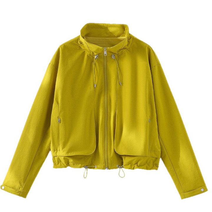 Women's Lightweight Short Jacket with High Collar, Drawstring and Patch Pockets Mune Fashion