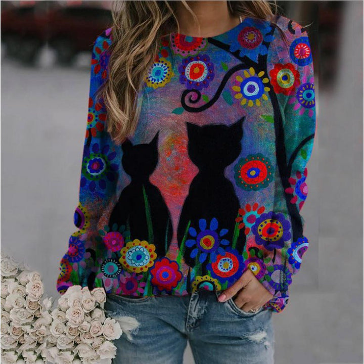 Women Oversized Sweatshirt with Artistic Cat Print and Floral Pattern Mune Fashion