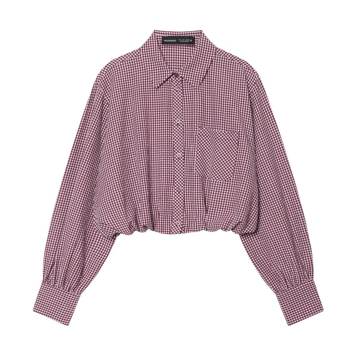 Women's Checkered Cropped Shirt Blouse with Balloon Sleeves, Breast Pocket and Elastic Hem Mune Fashion