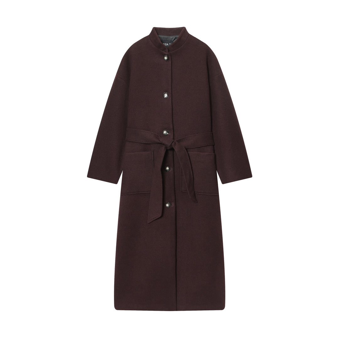 Women's long wool coat with stand-up collar, press button placket, tie belt and patch pockets Mune Fashion
