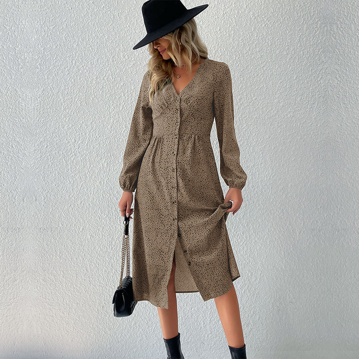 Women's V-neck midi dress with button placket, tailored fit and balloon sleeves Mune Fashion