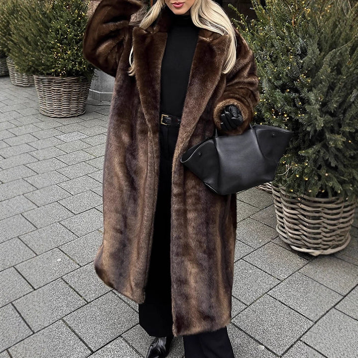 Women Luxurious Long Faux Fur Coat with Oversized Cut and Warming Lining Mune Fashion