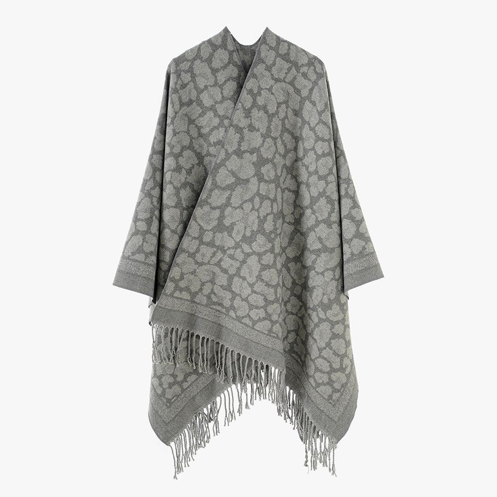 Women's Jacquard Poncho with Leopard Pattern, Fringes and Open Oversized Cut Mune Fashion