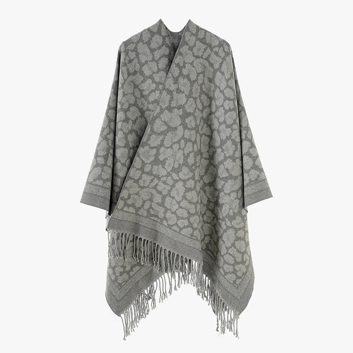Women's Elegant Jacquard Poncho with Leopard Jacquard and Fringes Mune Fashion