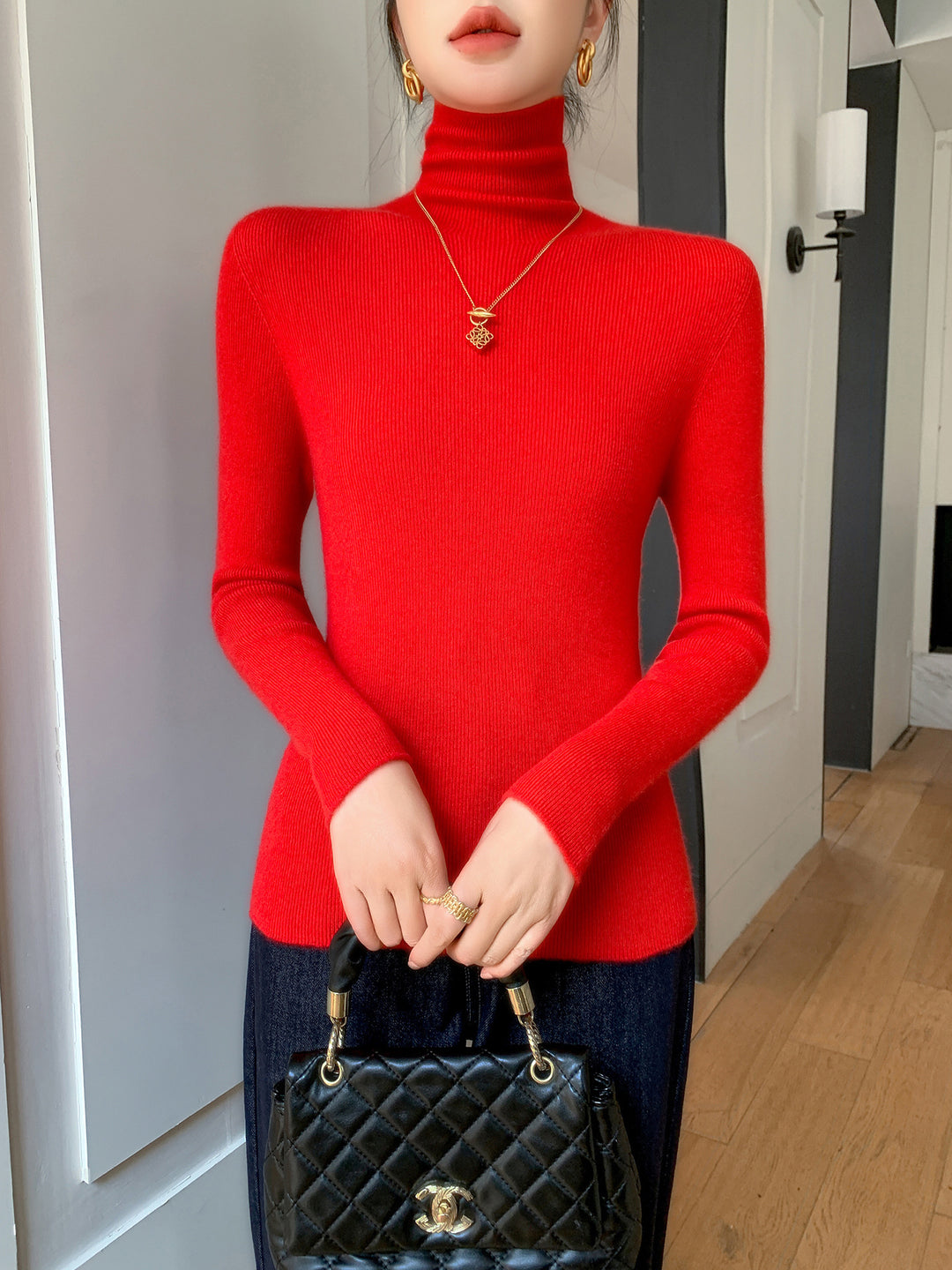 Women Slim Fine Knit Sweater with High Roll Neck and Fine Rib Structure Mune Fashion