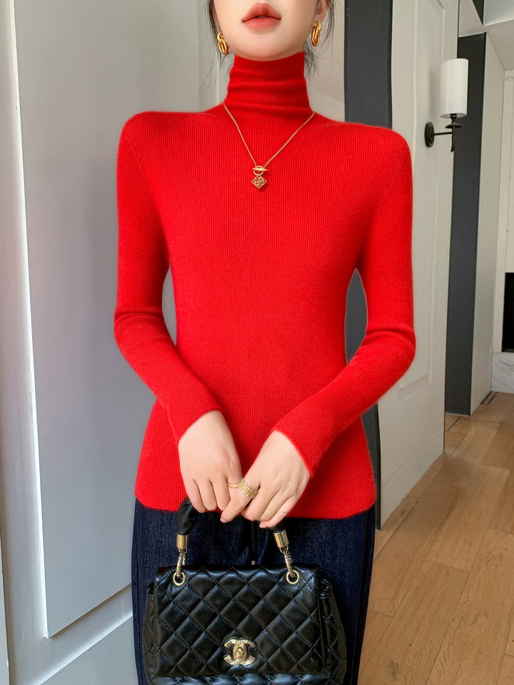 Women Slim Fine Knit Sweater with High Roll Neck and Fine Rib Structure Mune Fashion