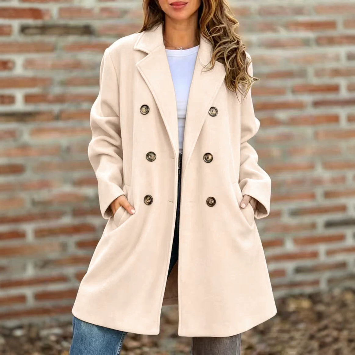 Women double-breasted wool blend short coat with lapel collar Mune Fashion