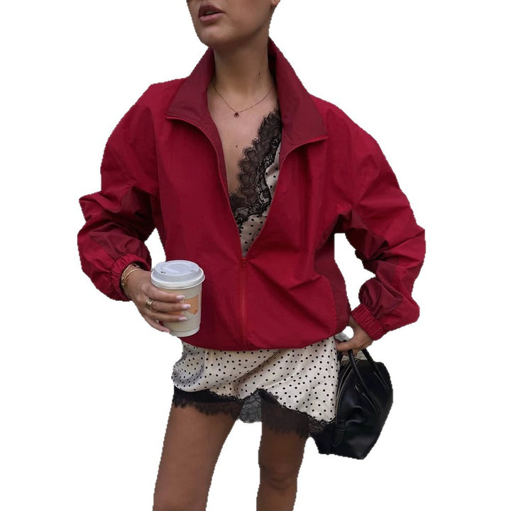 Women Lightweight Boxy Windbreaker with Stand Collar and Elastic Hem Mune Fashion