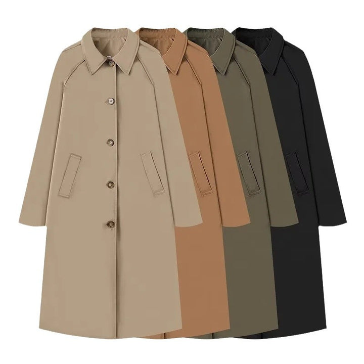 Women 400+ long cut trench coat with raglan sleeves and concealed button placket Mune Fashion