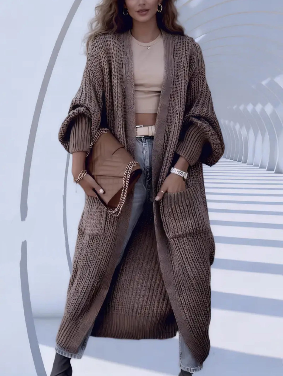 Women Long Open Chunky Knit Coat Cardigan with Braided Structure and Dropped Shoulder Mune Fashion