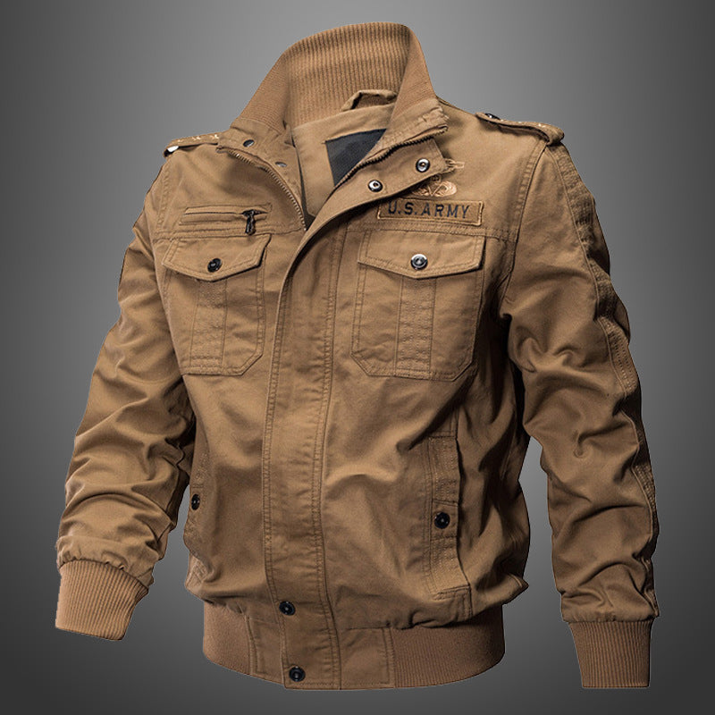 Men's Military-Inspired Canvas Bomber Jacket with Epaulettes and Flap Pockets Mune Fashion