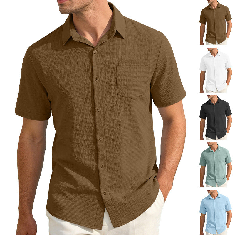 Men's short-sleeve shirt in textured cotton yarn look with Kent collar and applied breast pocket Mune Fashion