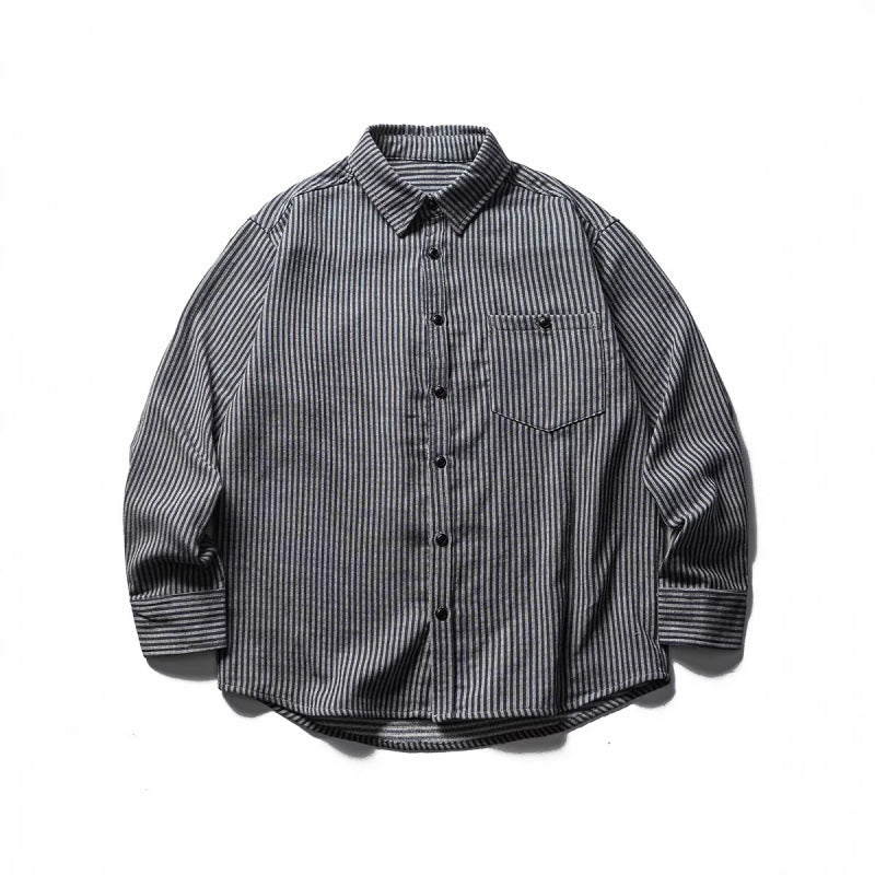 Men's loose-fitting striped cotton blend shirt with chest pocket and extended back Mune Fashion