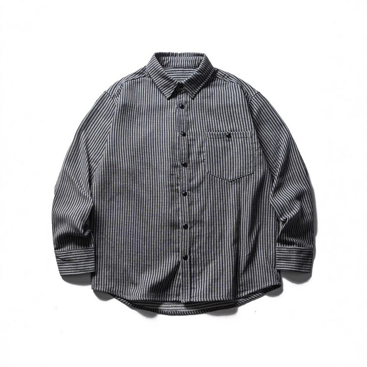 Men's loose-fitting striped cotton blend shirt with chest pocket and extended back Mune Fashion