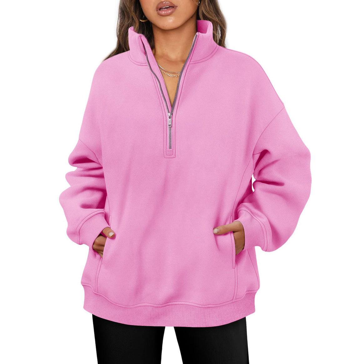 Women's oversized half-zip pullover with stand-up collar, kangaroo pocket and ribbed cuffs Mune Fashion