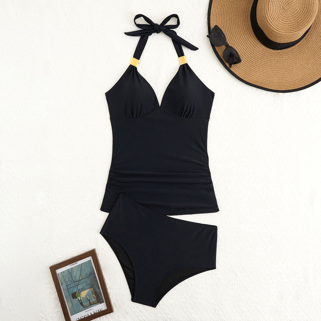 Ladies elegant swimsuit with sophisticated V-neck and golden details Mune Fashion