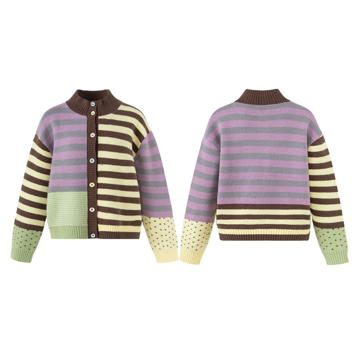 Women's cardigan in patchwork stripe mix with stand collar and button placket Mune Fashion